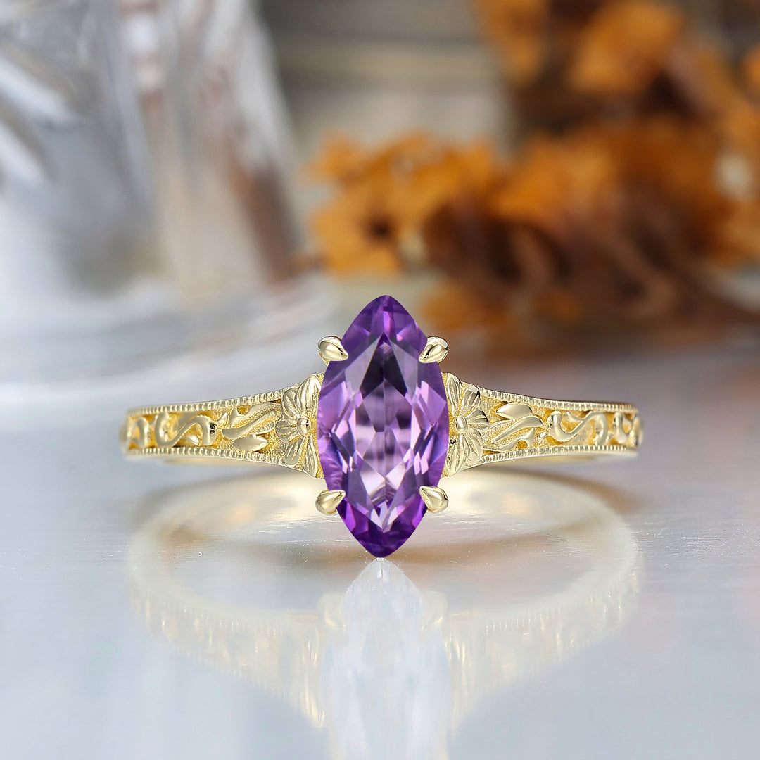 Vintage Filigree Solitaire Marquise Cut Amethyst Engagement Ring 14K Gold Anniversary Bridal Ring