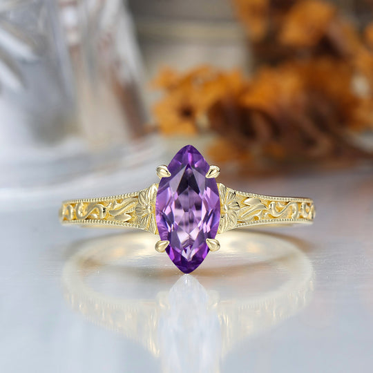 Vintage Filigree Solitaire Marquise Cut Amethyst Engagement Ring 14K Gold Anniversary Bridal Ring