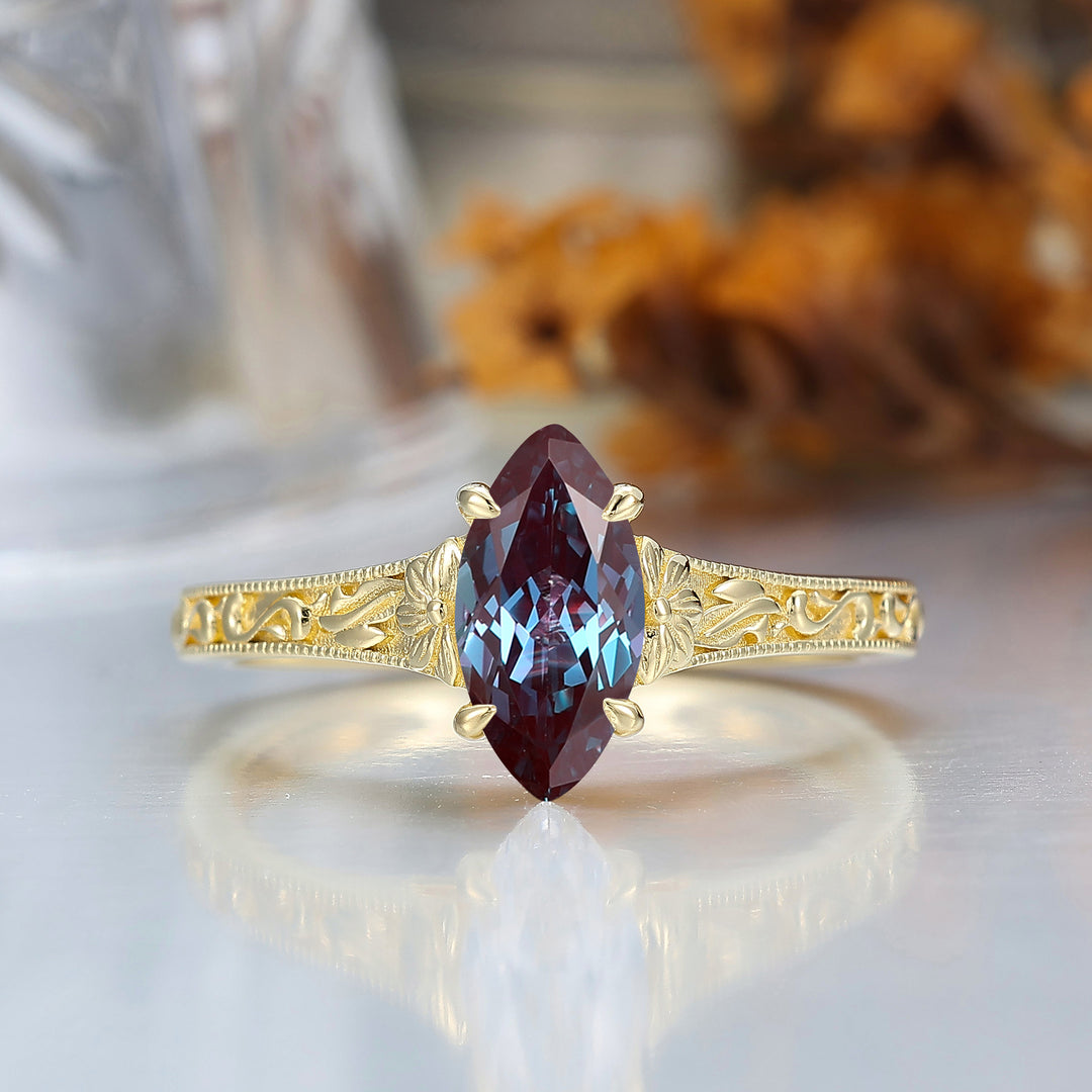 Vintage Filigree Solitaire Marquise Cut Alexandrite Engagement Ring 14K Gold Bridal Ring
