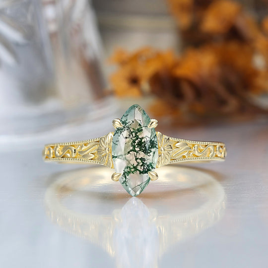 Vintage Filigree Solitaire Marquise Cut Natural Moss Agate Engagement Ring 14K Gold Bridal Ring