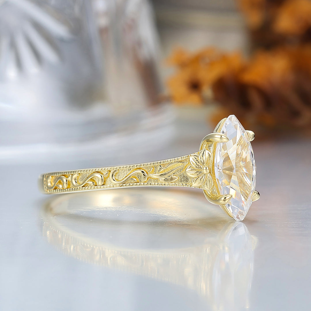 Vintage Filigree Solitaire Marquise Cut Moissanite Engagement Ring 14K Gold Anniversary Bridal Ring