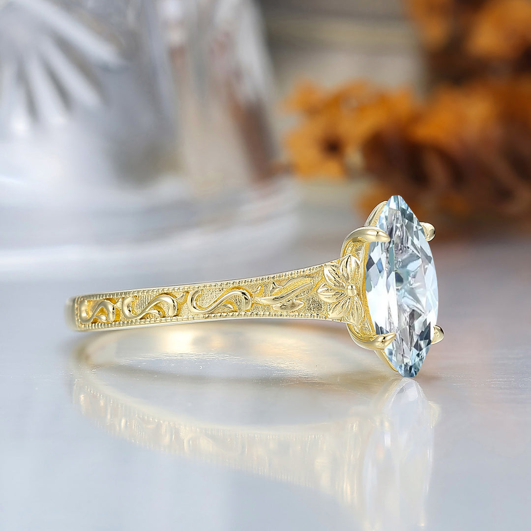 Vintage Filigree Solitaire Marquise Cut Aquamarine Engagement Ring 14K Gold Bridal Ring