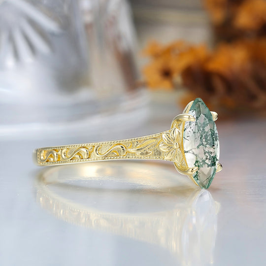 Vintage Filigree Solitaire Marquise Cut Natural Moss Agate Engagement Ring 14K Gold Bridal Ring
