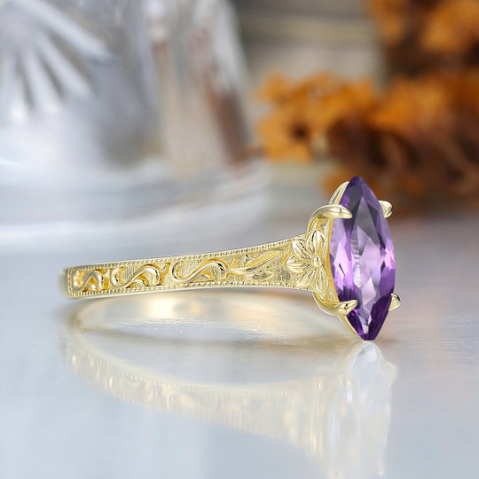 Vintage Filigree Solitaire Marquise Cut Amethyst Engagement Ring 14K Gold Anniversary Bridal Ring