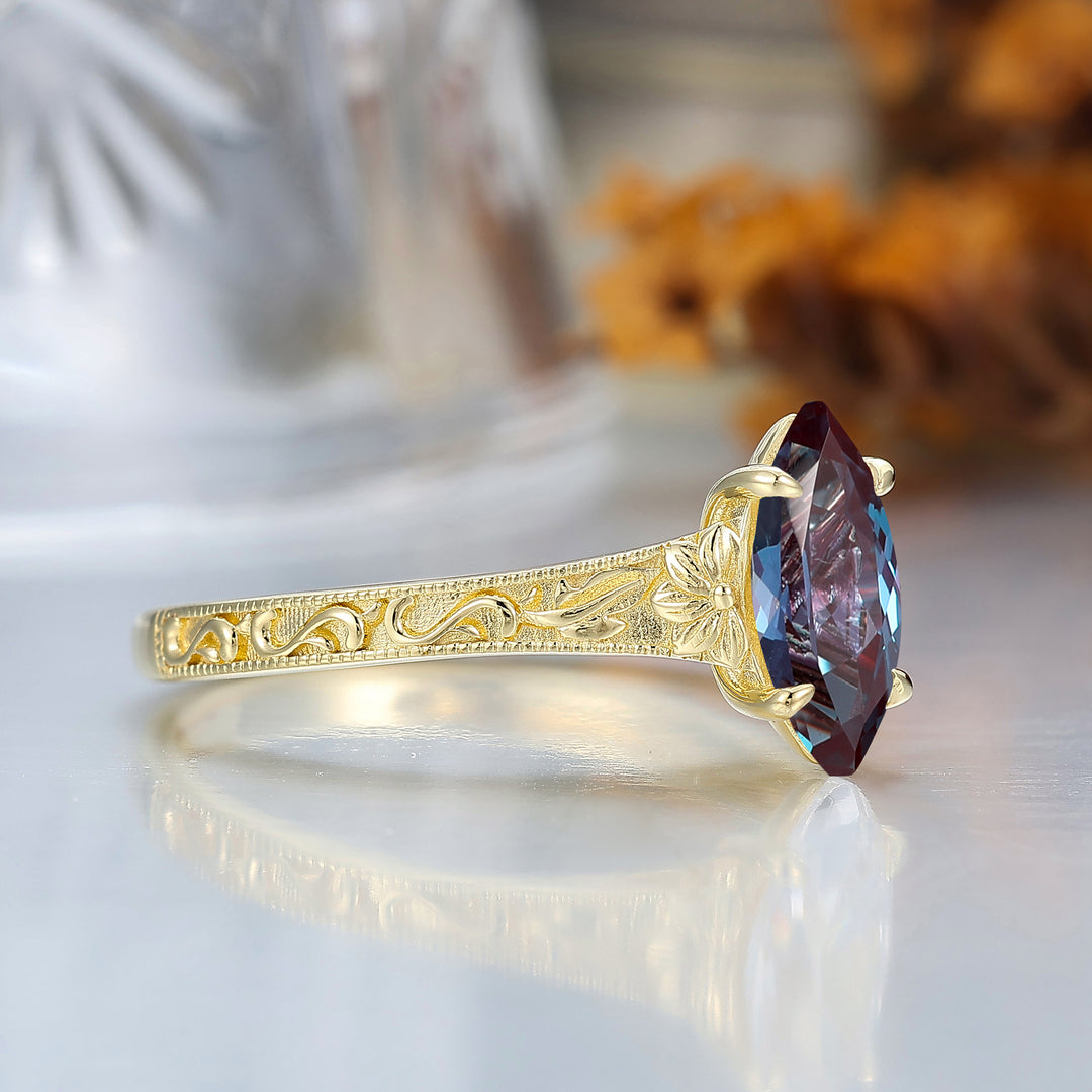 Vintage Filigree Solitaire Marquise Cut Alexandrite Engagement Ring 14K Gold Bridal Ring