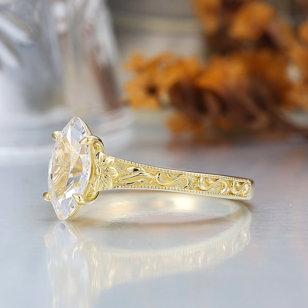 Vintage Filigree Solitaire Marquise Cut Moissanite Engagement Ring 14K Gold Anniversary Bridal Ring