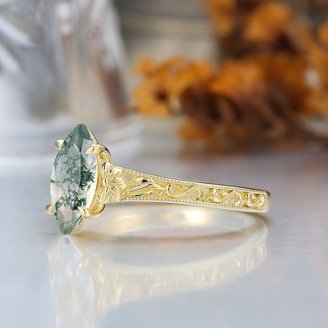 Vintage Filigree Solitaire Marquise Cut Natural Moss Agate Engagement Ring 14K Gold Bridal Ring
