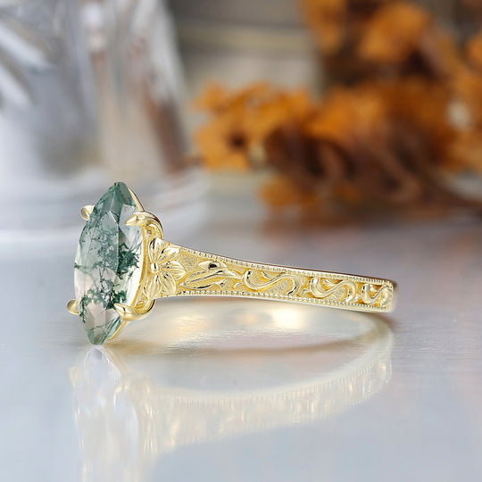 Vintage Filigree Solitaire Marquise Cut Natural Moss Agate Engagement Ring 14K Gold Bridal Ring