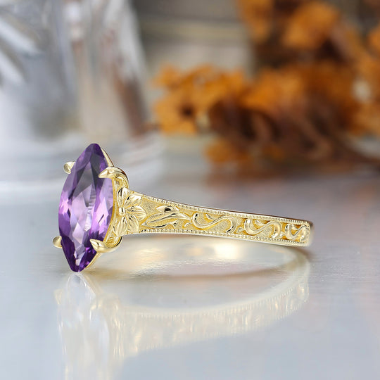Vintage Filigree Solitaire Marquise Cut Amethyst Engagement Ring 14K Gold Anniversary Bridal Ring
