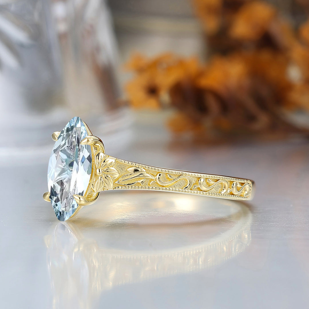 Vintage Filigree Solitaire Marquise Cut Aquamarine Engagement Ring 14K Gold Bridal Ring