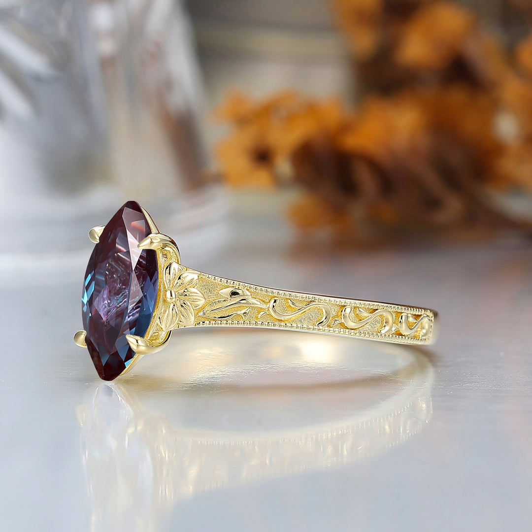 Vintage Filigree Solitaire Marquise Cut Alexandrite Engagement Ring 14K Gold Bridal Ring