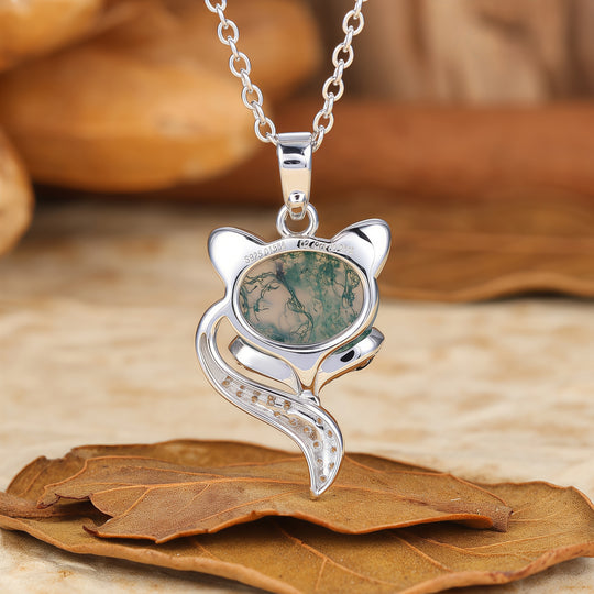 Unique Animal Oval Cut Natural Moss Agate Fox Solitaire Pendant Necklace 14K Gold Neckalce for Women