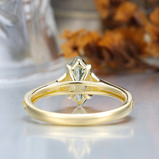 Vintage Filigree Solitaire Marquise Cut Natural Moss Agate Engagement Ring 14K Gold Bridal Ring