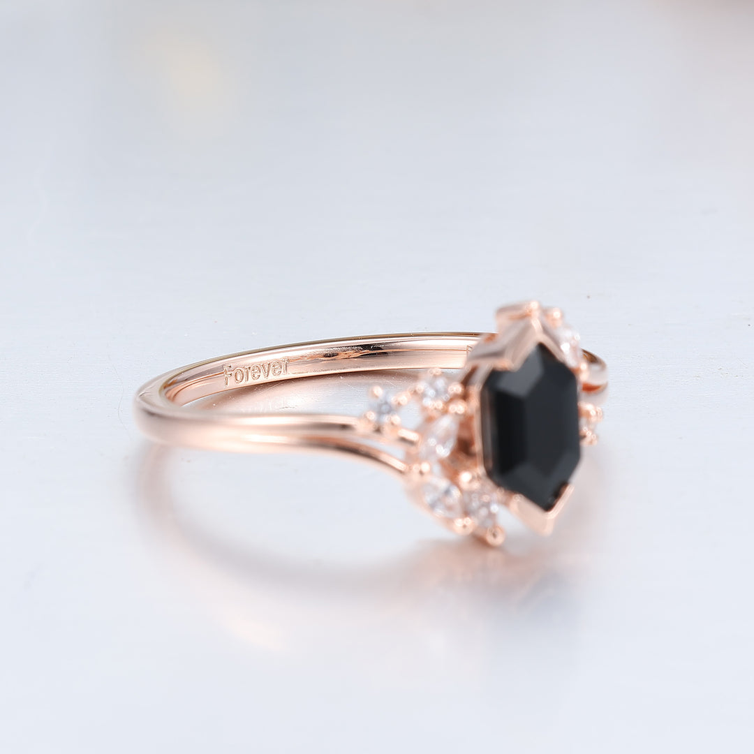 Exquisite Natural Black Onyx Cluster Engagement Couple Rings Matching Stylish Hammered Tungsten His And Hers Wedding Rings -  Esdomera.com