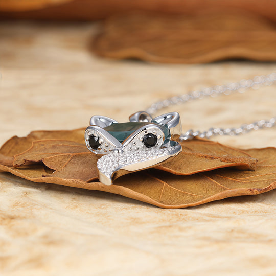 Unique Animal Oval Cut Natural Moss Agate Fox Solitaire Pendant Necklace 14K Gold Neckalce for Women