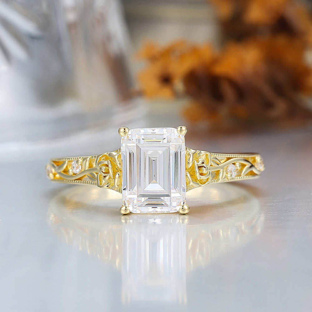 Ornate Filigree Shank Ring Leaf-inspired Emerald Cut 14K Yellow Gold Moissanite Engagement Ring Filigree Wedding Ring