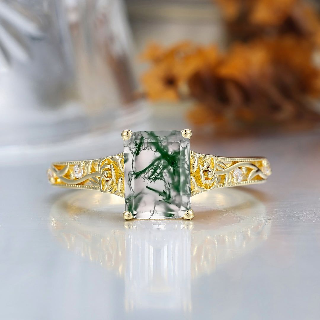 Ornate Filigree Shank Ring Leaf-inspired Emerald Cut 14K Yellow Gold Natural Moss Agate Engagement Ring Filigree Wedding Ring