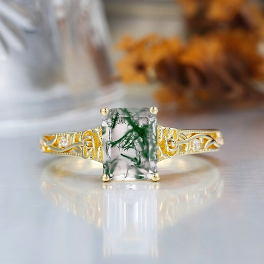 Ornate Filigree Shank Ring Leaf-inspired Emerald Cut 14K Yellow Gold Natural Moss Agate Engagement Ring Filigree Wedding Ring