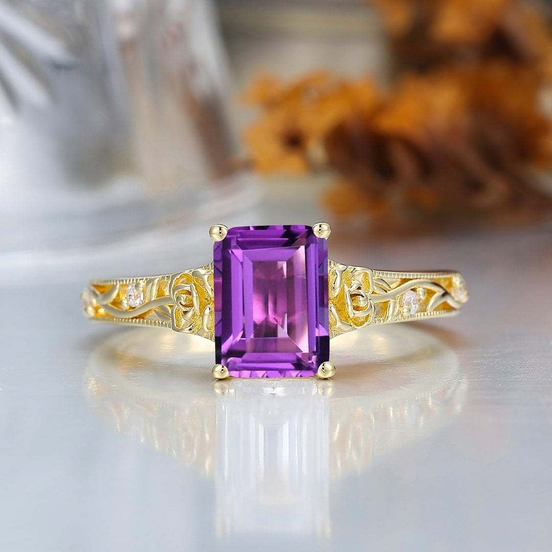 Ornate Filigree Shank Ring Leaf-inspired Emerald Cut 14K Yellow Gold Amethyst Engagement Ring Filigree Wedding Ring