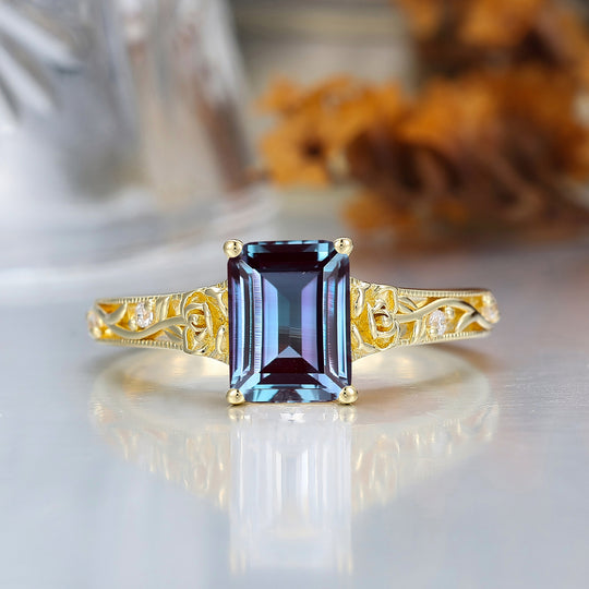 Ornate Filigree Shank Ring Leaf-inspired Emerald Cut 14K Yellow Gold Alexandrite Engagement Ring Filigree Wedding Ring
