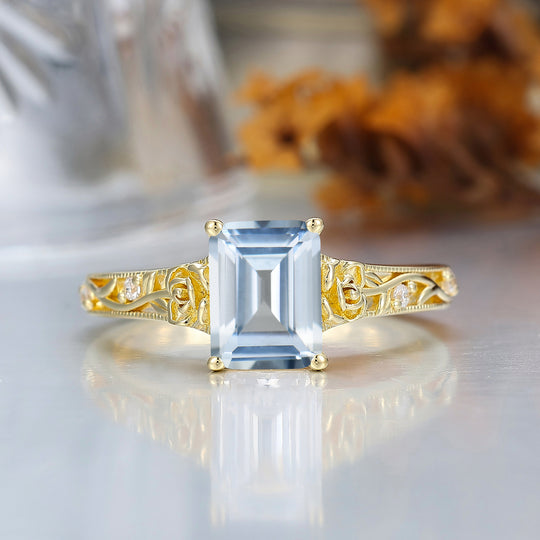 Ornate Filigree Shank Ring Leaf-inspired Emerald Cut 14K Yellow Gold Aquamarine Engagement Ring Filigree Wedding Ring