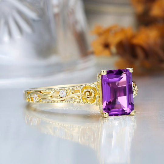 Ornate Filigree Shank Ring Leaf-inspired Emerald Cut 14K Yellow Gold Amethyst Engagement Ring Filigree Wedding Ring