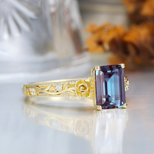 Ornate Filigree Shank Ring Leaf-inspired Emerald Cut 14K Yellow Gold Alexandrite Engagement Ring Filigree Wedding Ring