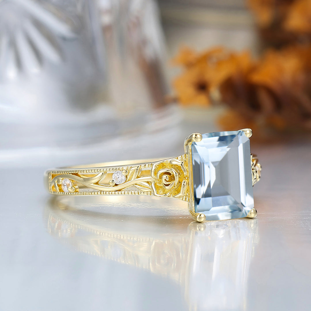 Ornate Filigree Shank Ring Leaf-inspired Emerald Cut 14K Yellow Gold Aquamarine Engagement Ring Filigree Wedding Ring