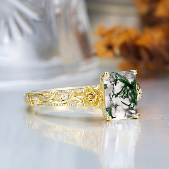 Ornate Filigree Shank Ring Leaf-inspired Emerald Cut 14K Yellow Gold Natural Moss Agate Engagement Ring Filigree Wedding Ring