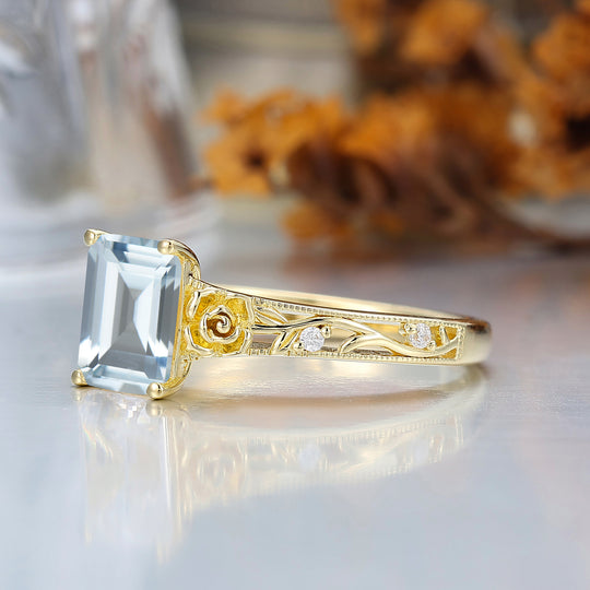 Ornate Filigree Shank Ring Leaf-inspired Emerald Cut 14K Yellow Gold Aquamarine Engagement Ring Filigree Wedding Ring