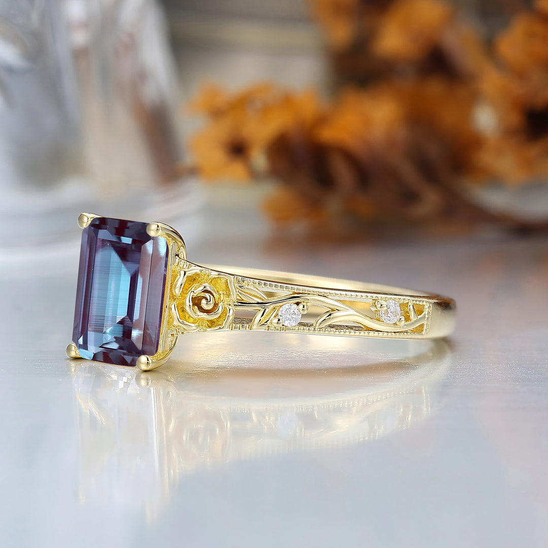 Ornate Filigree Shank Ring Leaf-inspired Emerald Cut 14K Yellow Gold Alexandrite Engagement Ring Filigree Wedding Ring