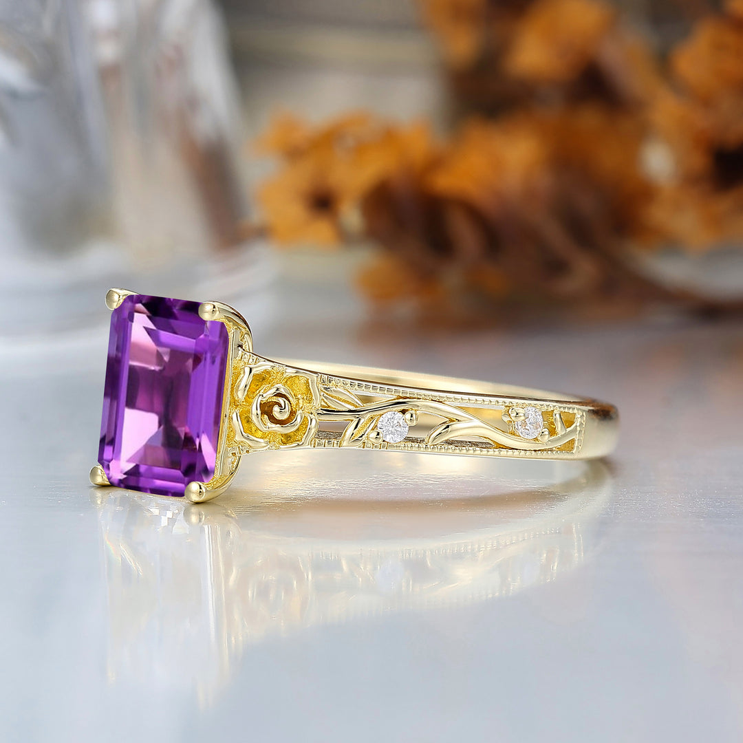 Ornate Filigree Shank Ring Leaf-inspired Emerald Cut 14K Yellow Gold Amethyst Engagement Ring Filigree Wedding Ring