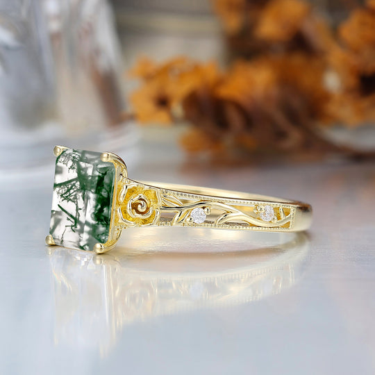 Ornate Filigree Shank Ring Leaf-inspired Emerald Cut 14K Yellow Gold Natural Moss Agate Engagement Ring Filigree Wedding Ring