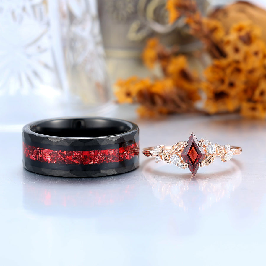 Exquisite Rhombus Cut Red Garnet Couple Ring Set Leaf Inspired His And Hers Rings -  Esdomera.com