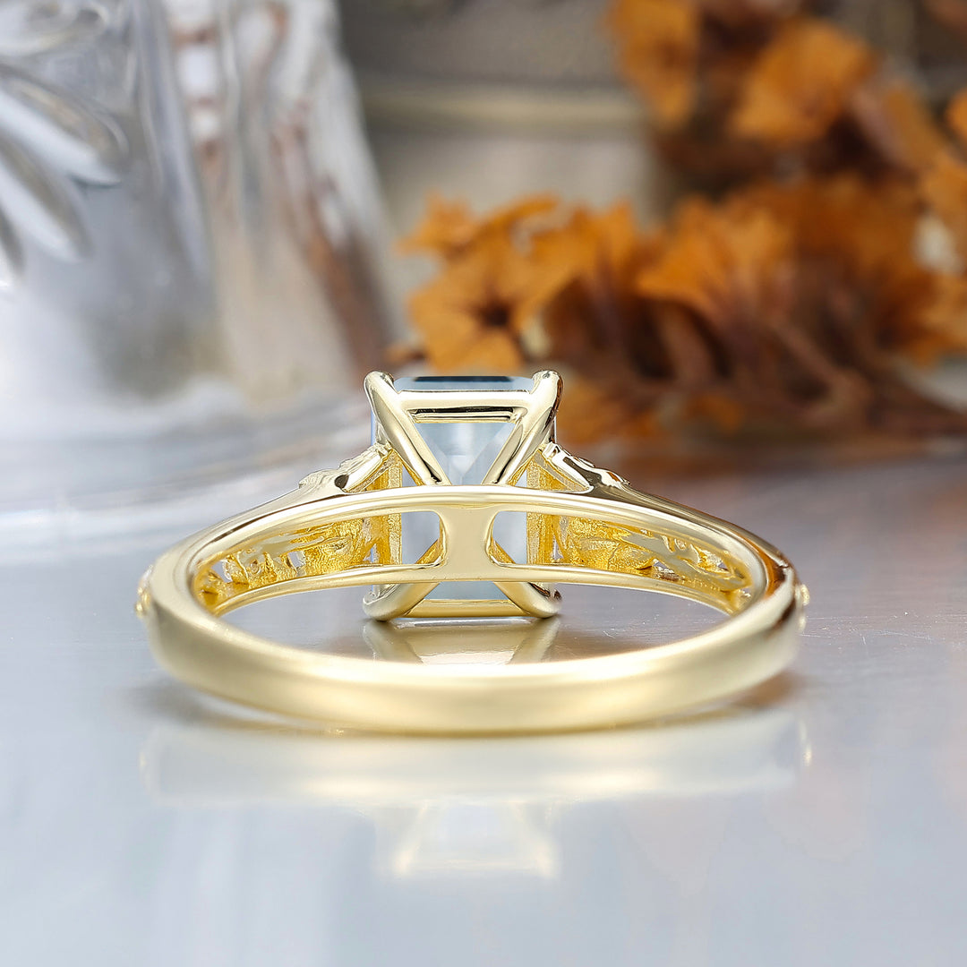 Ornate Filigree Shank Ring Leaf-inspired Emerald Cut 14K Yellow Gold Aquamarine Engagement Ring Filigree Wedding Ring