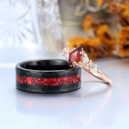 Exquisite Rhombus Cut Red Garnet Couple Ring Set Leaf Inspired His And Hers Rings -  Esdomera.com