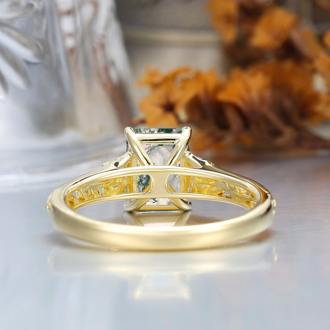 Ornate Filigree Shank Ring Leaf-inspired Emerald Cut 14K Yellow Gold Natural Moss Agate Engagement Ring Filigree Wedding Ring