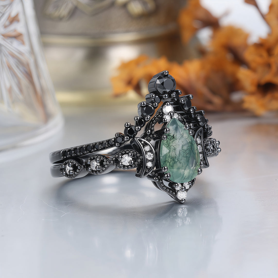 Vintage Black Plated Natural Moss Agate Pear Black Obsidian Couples Ring Set -  Esdomera.com