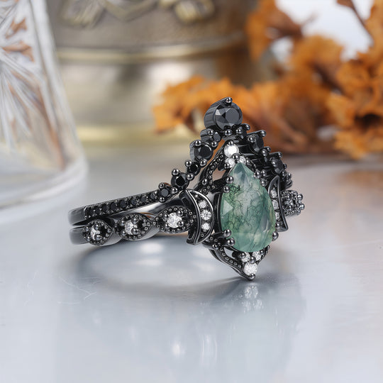 Vintage Black Plated Natural Moss Agate Pear Black Obsidian Couples Ring Set -  Esdomera.com