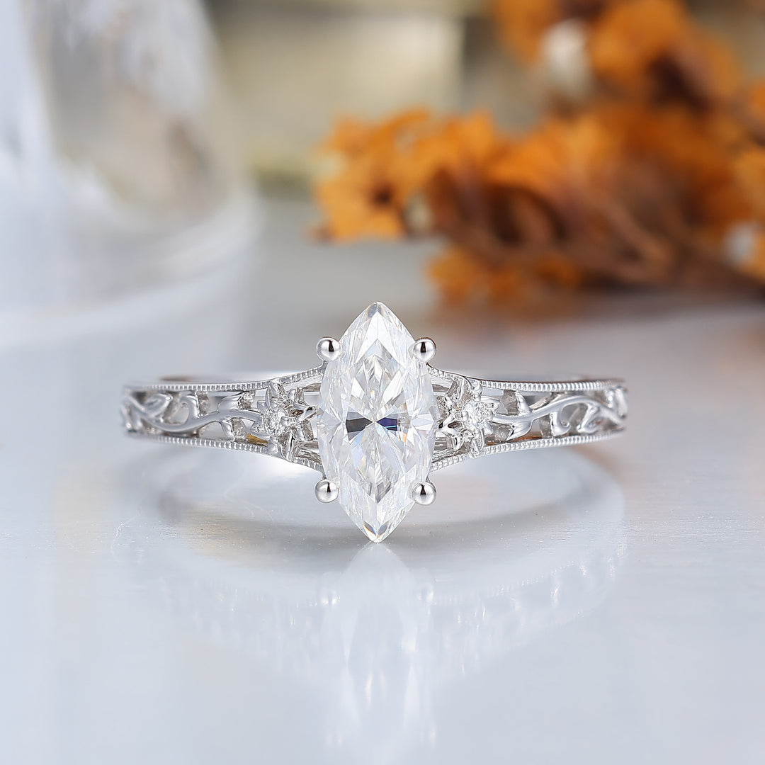 Openwork Filigree Marquise Cut Moissanite Ring Floral Vine Motif Yellow Gold Moissanite Bridal Ring