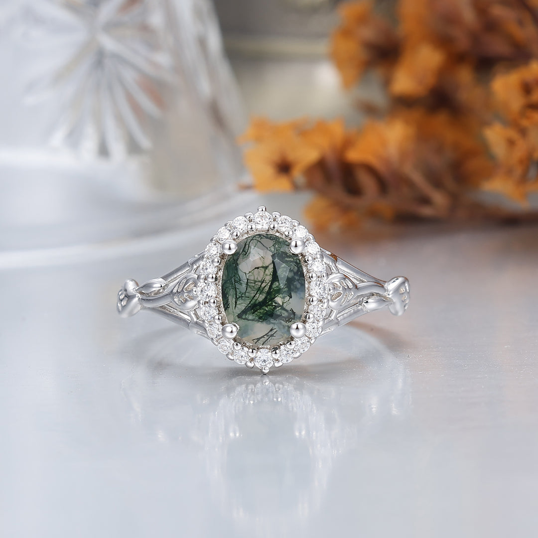 Anelli da Coppia Personalizzati con Agata Muschio Verde ovale a Corona Floreale - Set Unico di Fedi nuziali