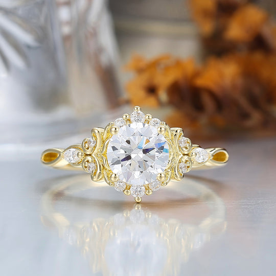 14K Vintage Blumen-Halo Moissanit Rundschliff Gelbgold Moissanit Verlobungsring Filigranring