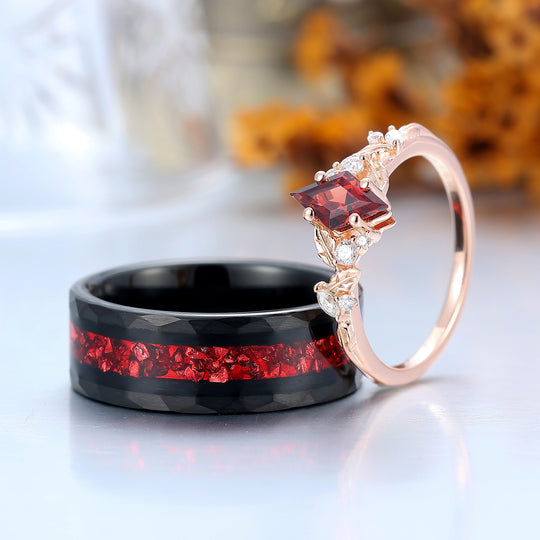 Exquisite Rhombus Cut Red Garnet Couple Ring Set Leaf Inspired His And Hers Rings -  Esdomera.com