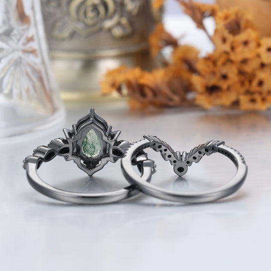 Vintage Black Plated Natural Moss Agate Pear Black Obsidian Couples Ring Set -  Esdomera.com