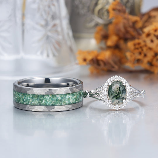 Anelli da Coppia Personalizzati con Agata Muschio Verde ovale a Corona Floreale - Set Unico di Fedi nuziali