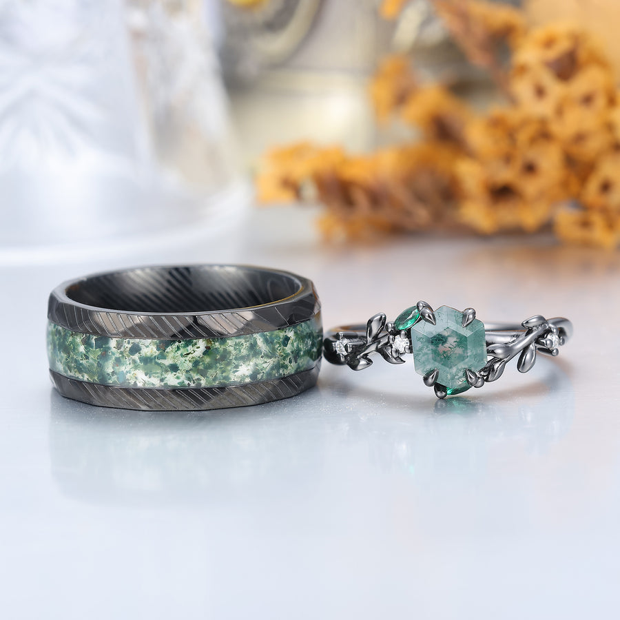 Exquisite Sprig Moss Agate Engagement Couple Rings Promise Damascus Steel His and Hers Wedding Band -  Esdomera.com