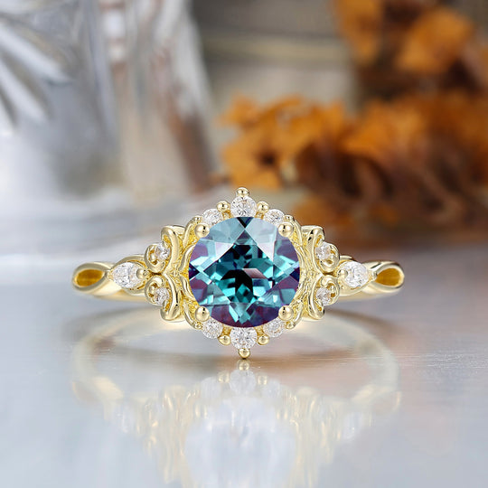 14K Vintage Floral Halo Alexandrite Round Cut Yellow Gold Moissanite Engagement Ring Filigree Ring -  Esdomera.com
