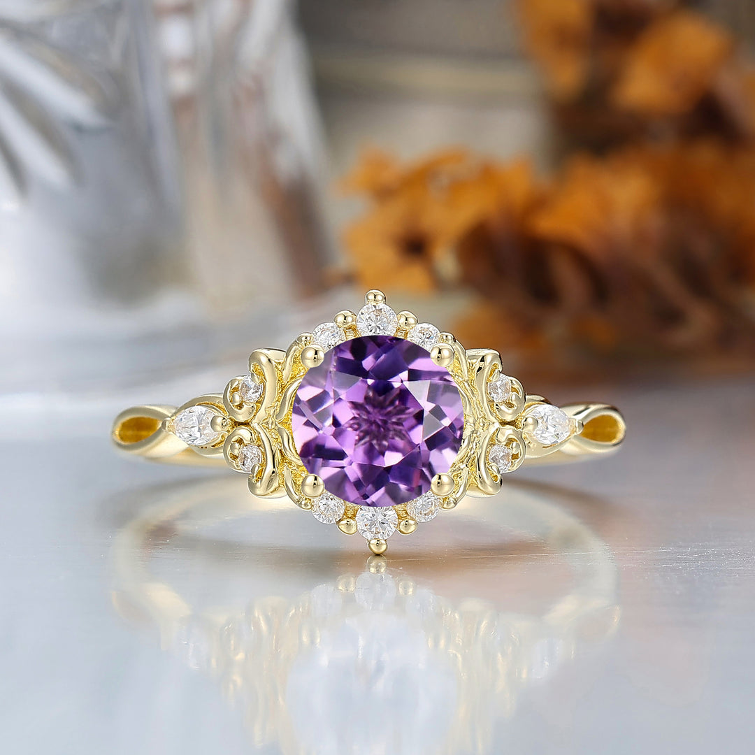 14K Vintage Floral Halo Natural Amethyst Round Cut Yellow Gold Engagement Ring Filigree Ring -  Esdomera.com