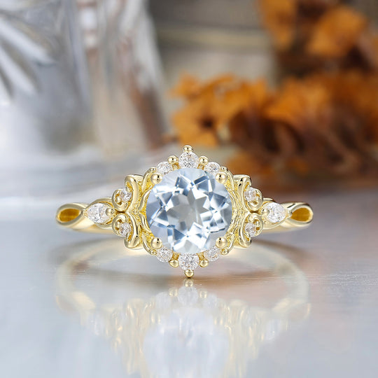 14K Vintage Floral Halo Aquamarine Round Cut Yellow Gold Engagement Ring Filigree Ring