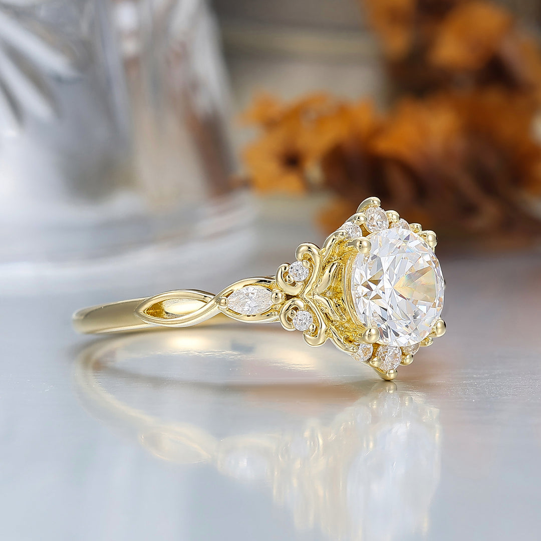 14K Vintage Blumen-Halo Moissanit Rundschliff Gelbgold Moissanit Verlobungsring Filigranring